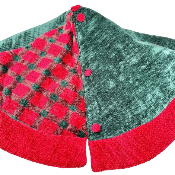 Christmas Tree Skirt Patchwork Design Red & Green Plaid Chenille Quilted Backing - Picture 3 of 7
